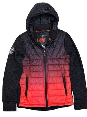 SuperDry Gradient Puffer Jacket Fleece Sleeve Hooded Winter Coat Womens Medium